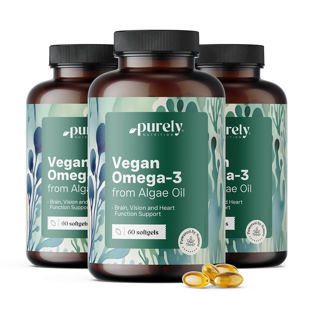 3x Ómega-3 vegan 1100 mg – de algas, total de 180 cápsulas moles